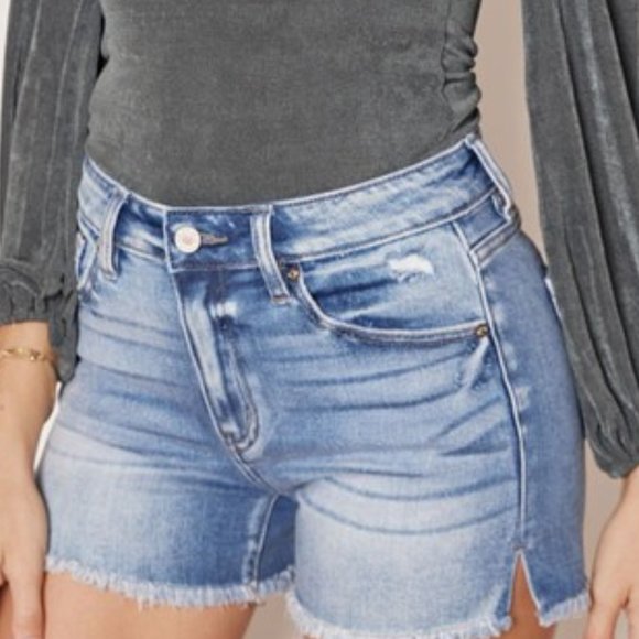 High Waist Rise Medium Wash Distressed Frayed Denim Jeans Shorts BRAND NEW XS-L - Picture 2 of 8